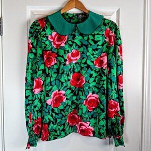 Mira Designer Couturier Floral Silk Long Sleeve Blouse